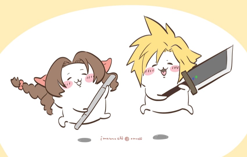 cloud strife and aerith gainsborough (final fantasy and 3 more) drawn by omochi_daisuki