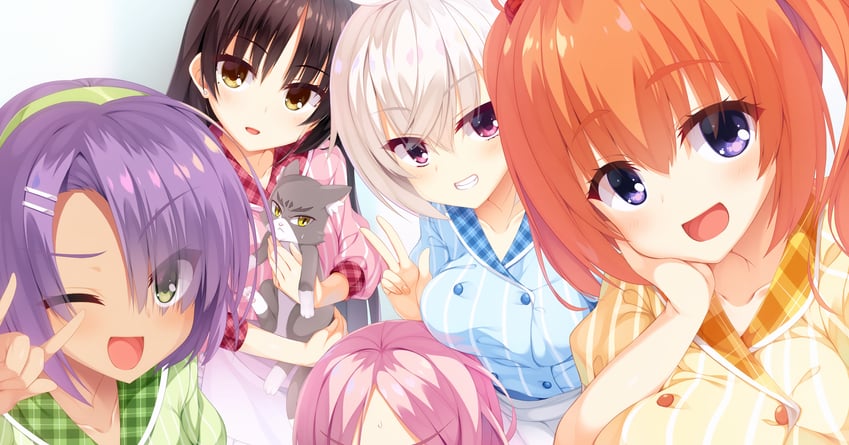 shiki natsume, akizuki kanna, hiuchidani mei, sumizome nozomi, shioyama suzune, and 1 more (cafe stella to shinigami no chou) drawn by aria_(koiiroharemoyou)