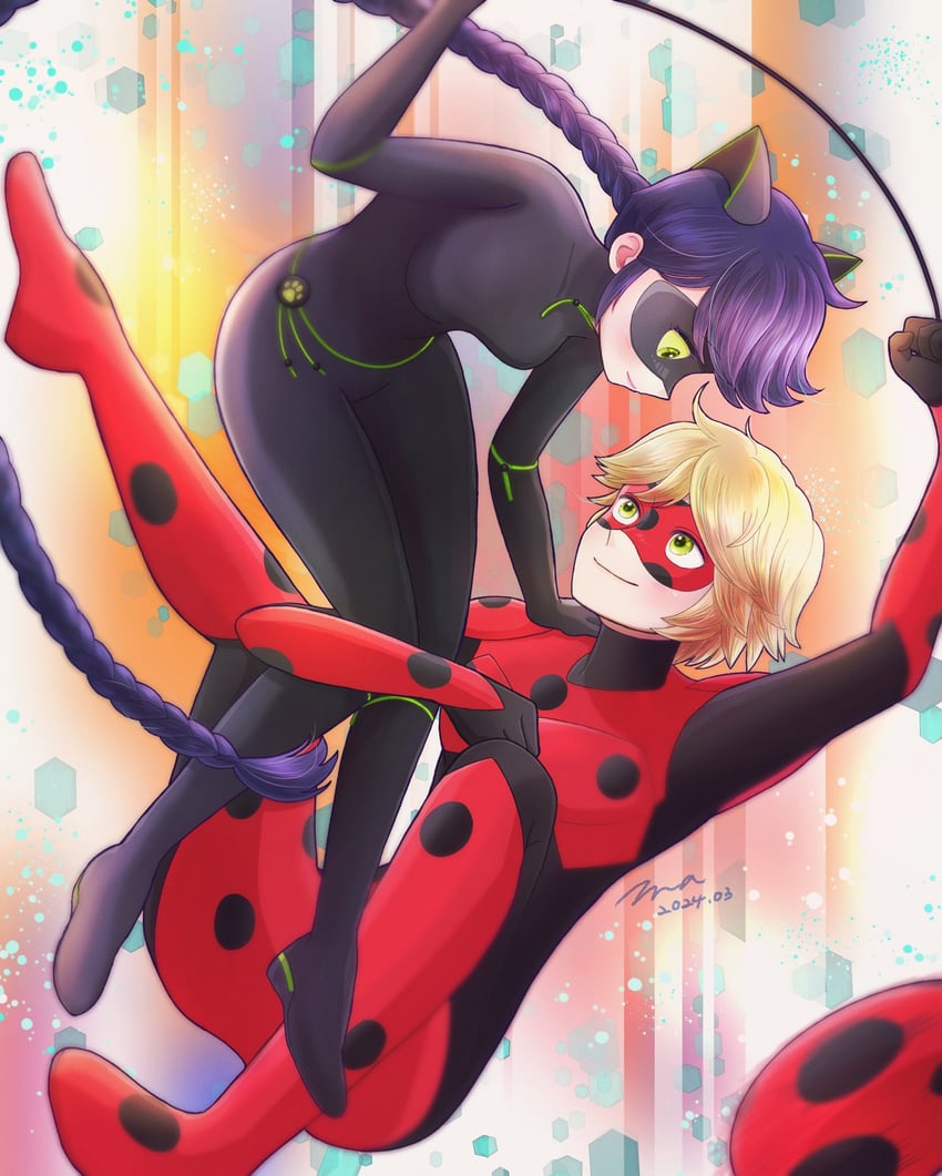 marinette dupain-cheng, adrien agreste, lady noir, and misterbug (miraculous ladybug) drawn by catnoir_love