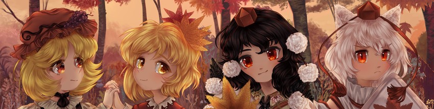 shameimaru aya, inubashiri momiji, aki minoriko, and aki shizuha (touhou) drawn by yuuren_kyouko