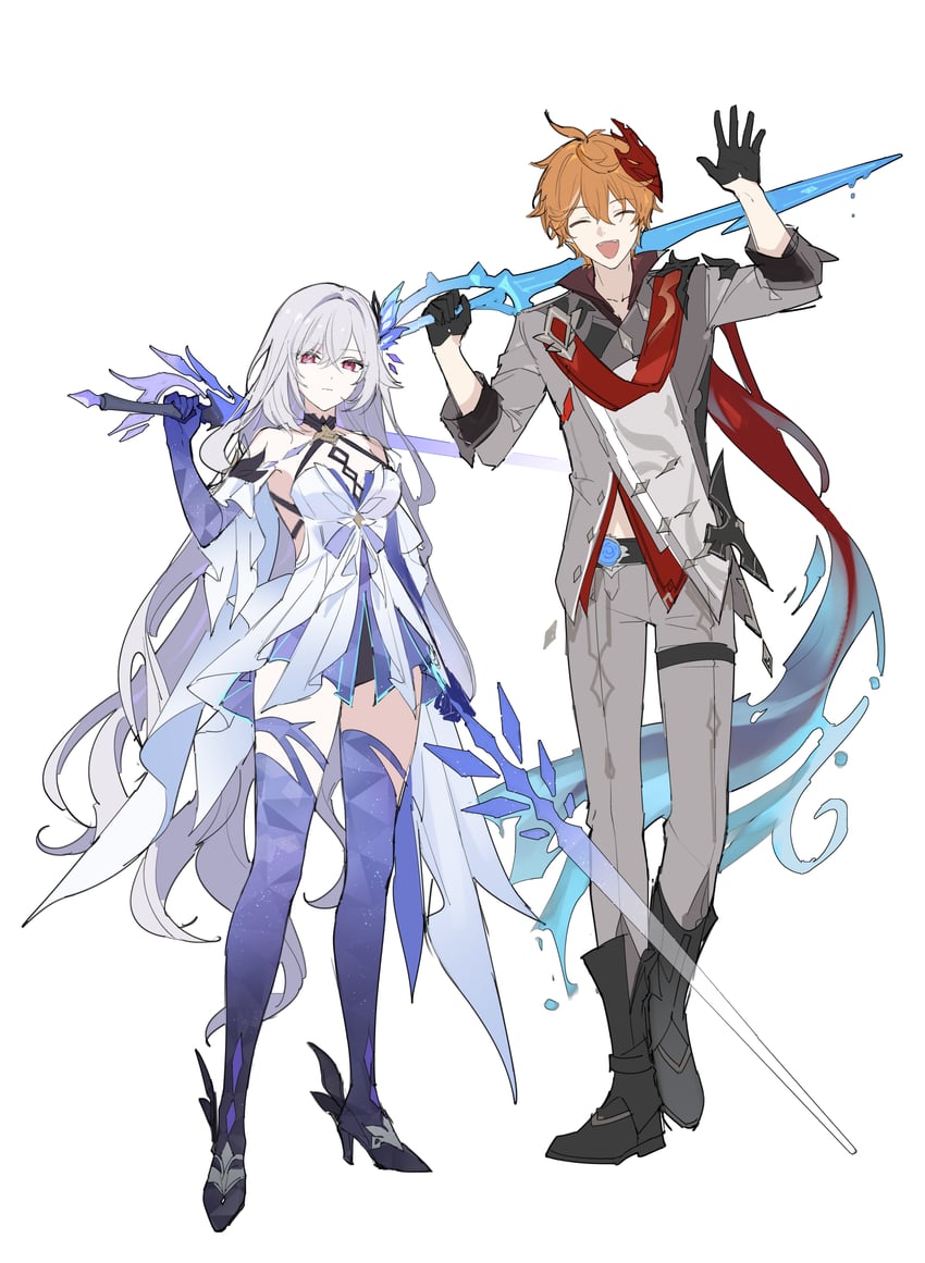 tartaglia and skirk (genshin impact) drawn by boo_1