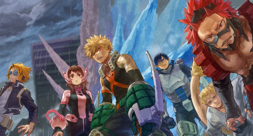 bakugou katsuki, uraraka ochaco, kirishima eijiro, kaminari denki, iida tenya, and 1 more (boku no hero academia) drawn by yomoyama_yotabanashi