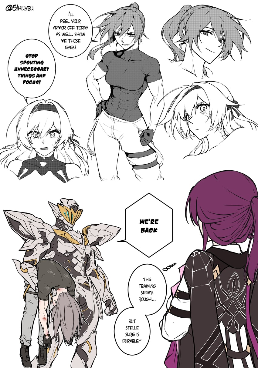 trailblazer, stelle, kafka, sam, and firefly (honkai and 1 more) drawn by huybu51