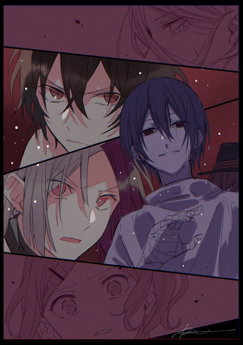 dazai osamu, nakahara chuuya, fyodor dostoyevsky, sigma, bram stoker, and 1 more (bungou stray dogs) drawn by r1kuuw