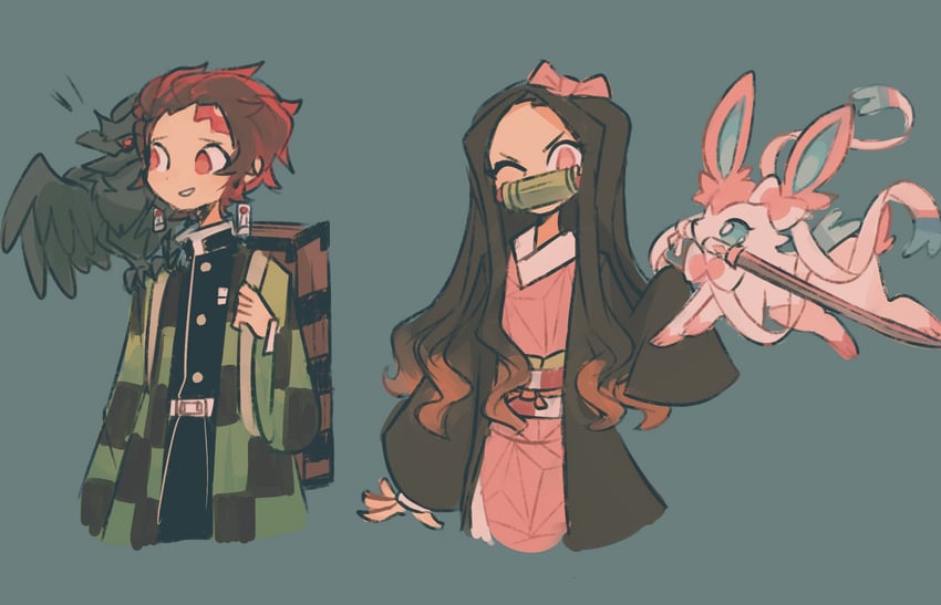kamado nezuko, sylveon, kamado tanjirou, and corviknight (pokemon and 1 more) drawn by charamells