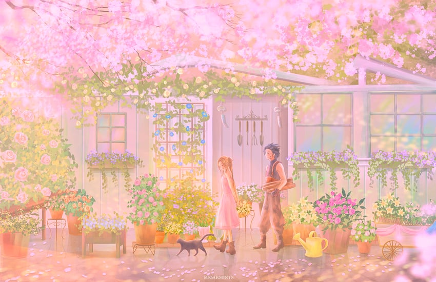 aerith gainsborough and zack fair (final fantasy and 2 more) drawn by sugarmintdreams