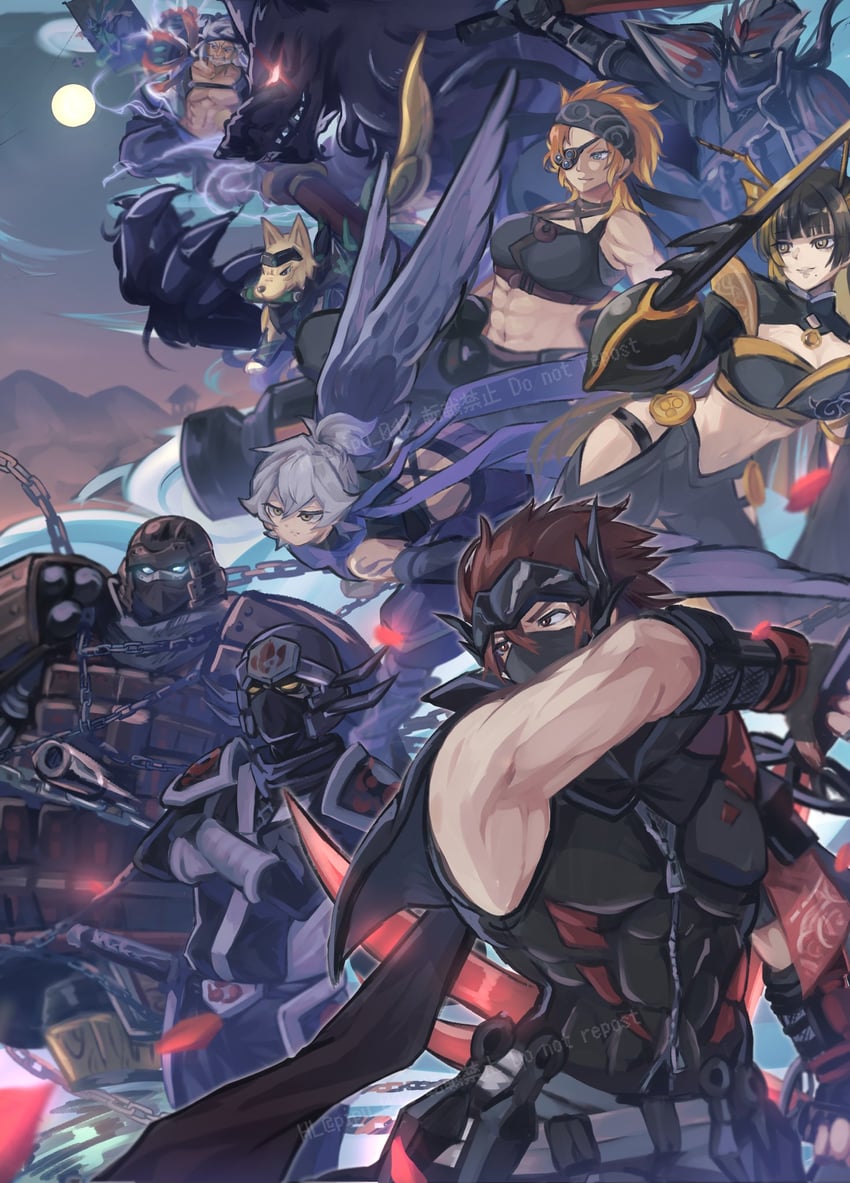 mitsu the insect ninja, meizen the battle ninja, ninja grandmaster hanzo, baku the beast ninja, tobari the sky ninja, and 4 more (yu-gi-oh!) drawn by pipu_012