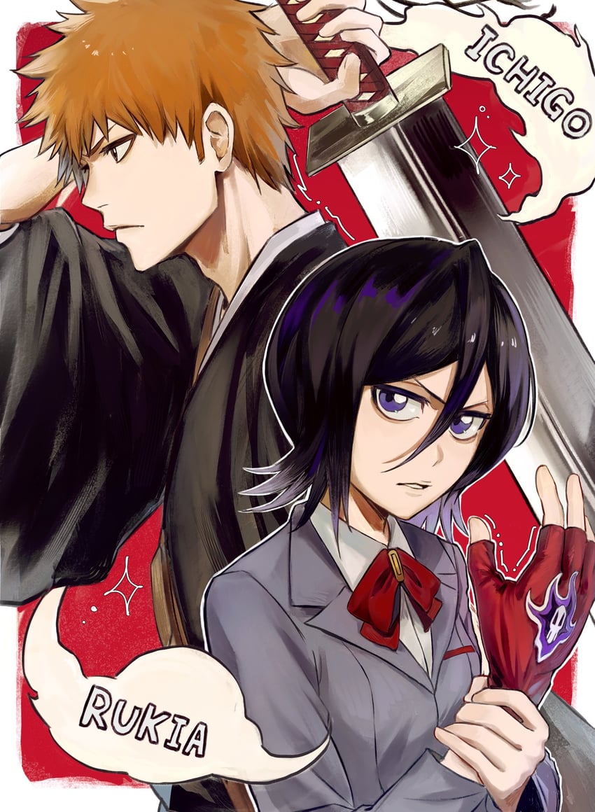 kuchiki rukia and kurosaki ichigo (bleach) drawn by uno_0a