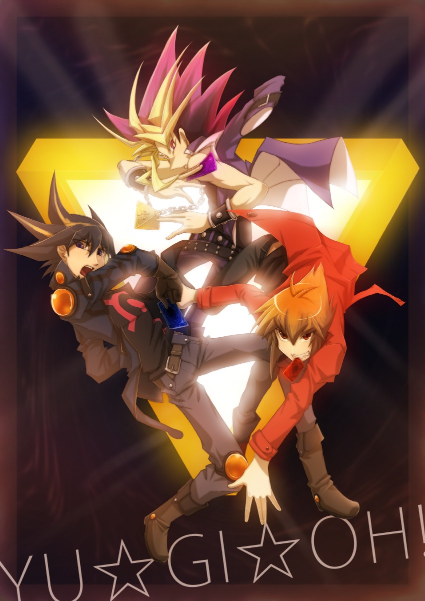 yuki judai, fudo yusei, and yami yugi (yu-gi-oh! and 3 more) drawn by egawa_akira