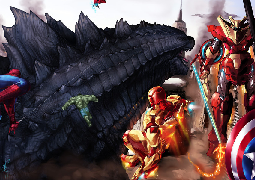 spider-man, godzilla, steve rogers, tony stark, captain america, and 7 more (marvel and 4 more) drawn by kusagami_style