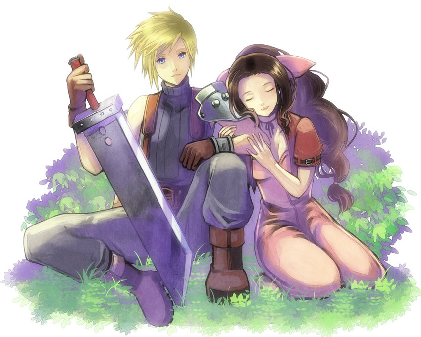 cloud strife and aerith gainsborough (final fantasy and 1 more) drawn by miso_katsu