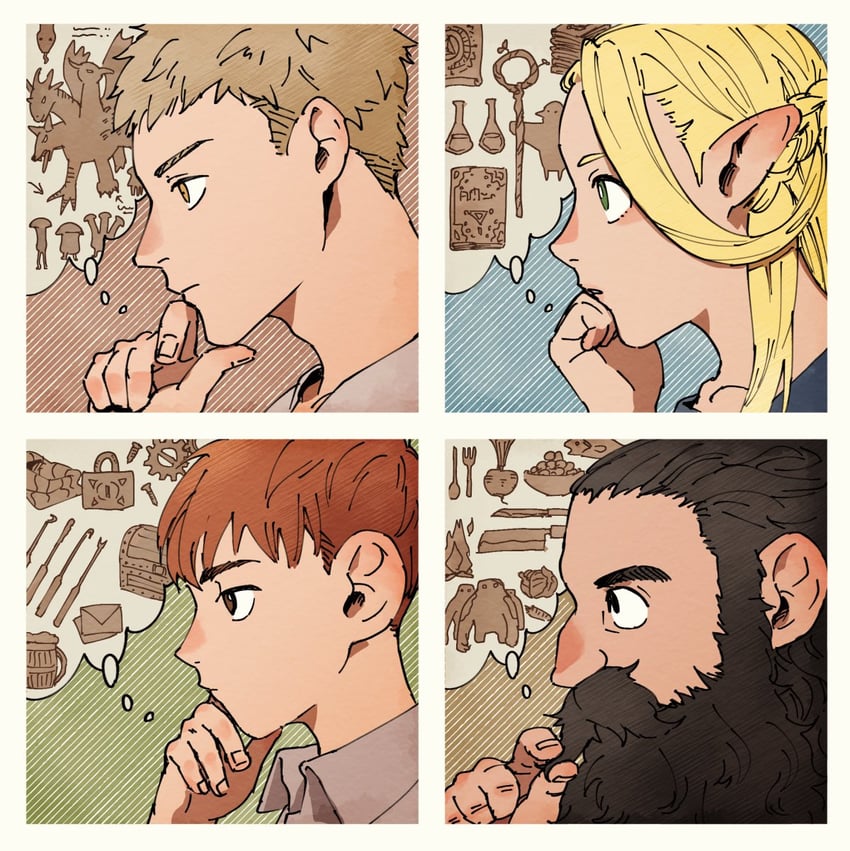 marcille donato, laios touden, senshi, and chilchuck tims (dungeon meshi) drawn by mnmnmnt_o