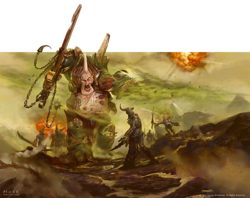 adeptus astartes, chaos space marine, and nurgle (warhammer 40k) drawn by jakemurray