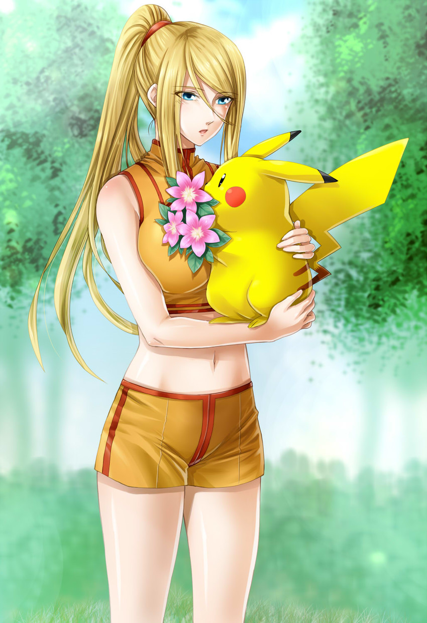 pikachu and samus aran (pokemon and 3 more) drawn by yuino_(fancy_party)