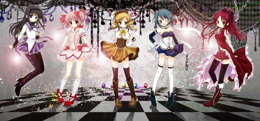 akemi homura, kaname madoka, miki sayaka, sakura kyoko, and tomoe mami (mahou shoujo madoka magica) drawn by nekomiya_nao