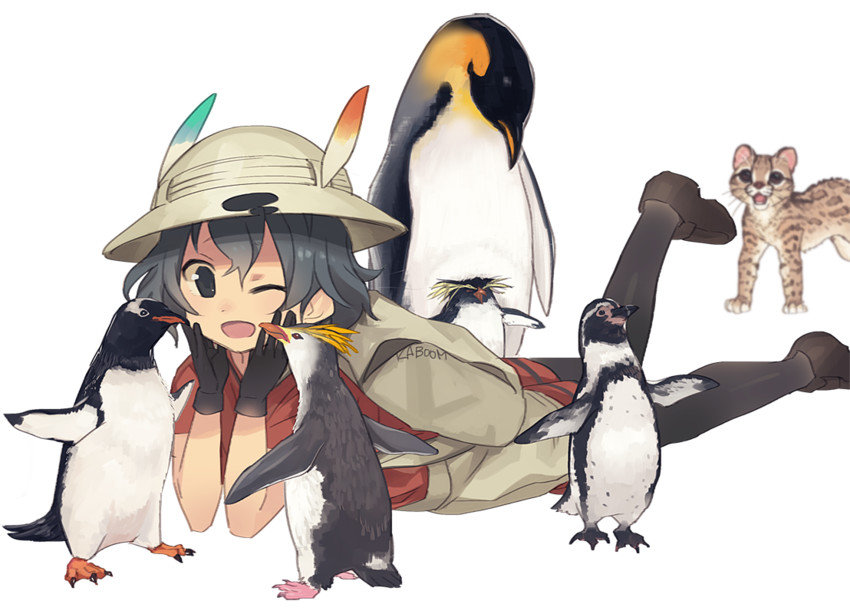 kaban, emperor penguin, humboldt penguin, royal penguin, rockhopper penguin, and 2 more (kemono friends) drawn by kab00m_chuck