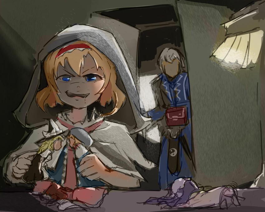 hakurei reimu, kirisame marisa, alice margatroid, patchouli knowledge, and morichika rinnosuke (touhou) drawn by chew_zhihao_1