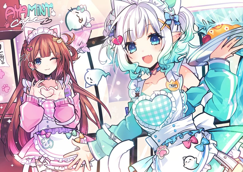 mint fantome, wisps, and ayamy (indie virtual youtuber) drawn by anzu_(anzuhan)