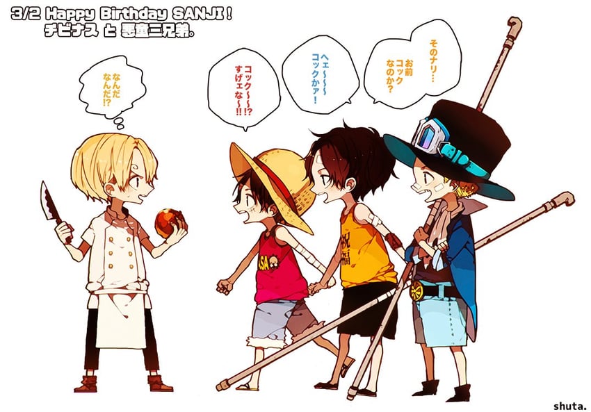 monkey d. luffy, sanji, portgas d. ace, and sabo (one piece) drawn by achpyu