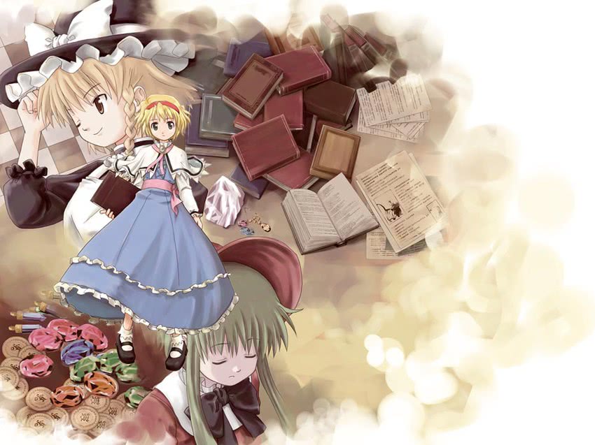 kirisame marisa, alice margatroid, and maybell (touhou and 1 more) drawn by haniwa_(leaf_garden)