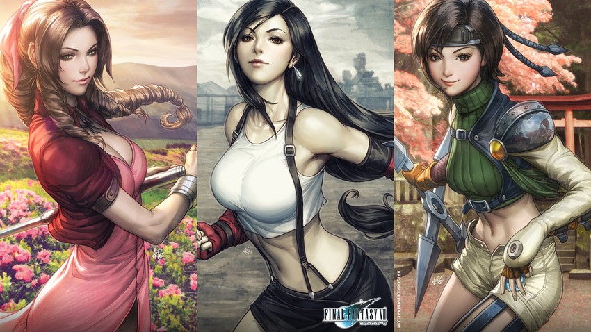 tifa lockhart, aerith gainsborough, and yuffie kisaragi (final fantasy and 1 more) drawn by stanley_lau