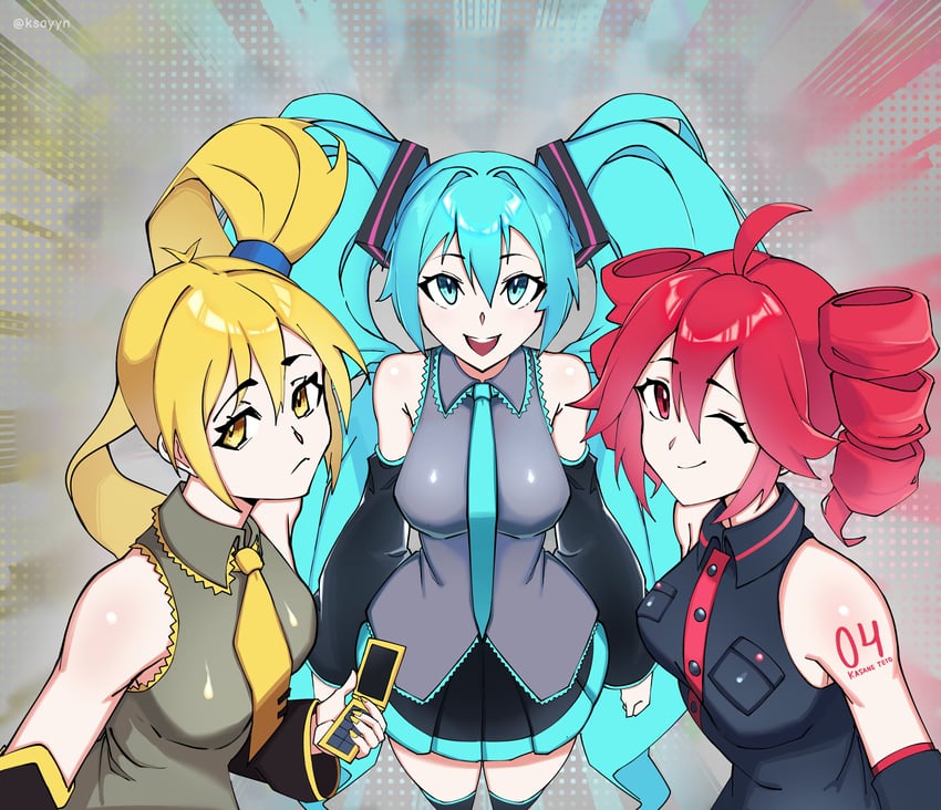 hatsune miku, kasane teto, and akita neru (vocaloid and 2 more) drawn by ksayyn