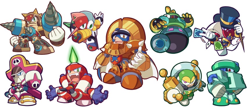tengu man, astro man, magic man, burner man, dynamo man, and 4 more (mega man and 2 more) drawn by kin_niku