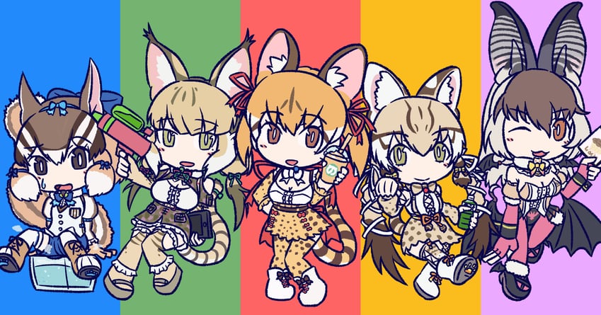 brown long-eared bat, siberian chipmunk, jungle cat, geoffroy's cat, and large-spotted genet (kemono friends and 1 more) drawn by 4600ns
