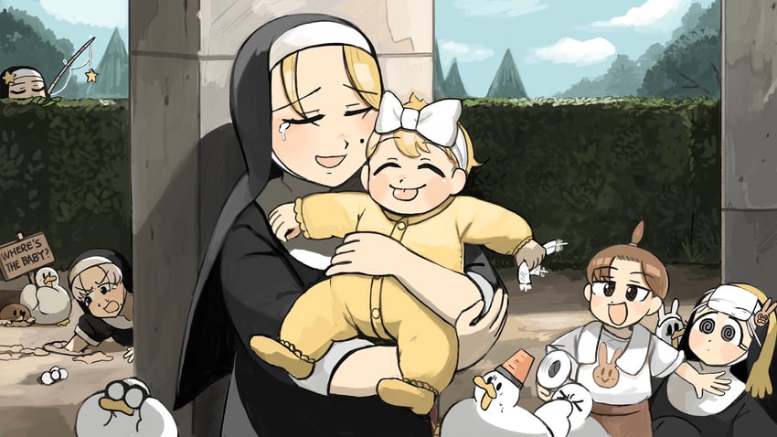 clumsy nun, strict nun, hungry nun, star nun, smug nun, and 1 more (little nuns) drawn by diva_(hyxpk)