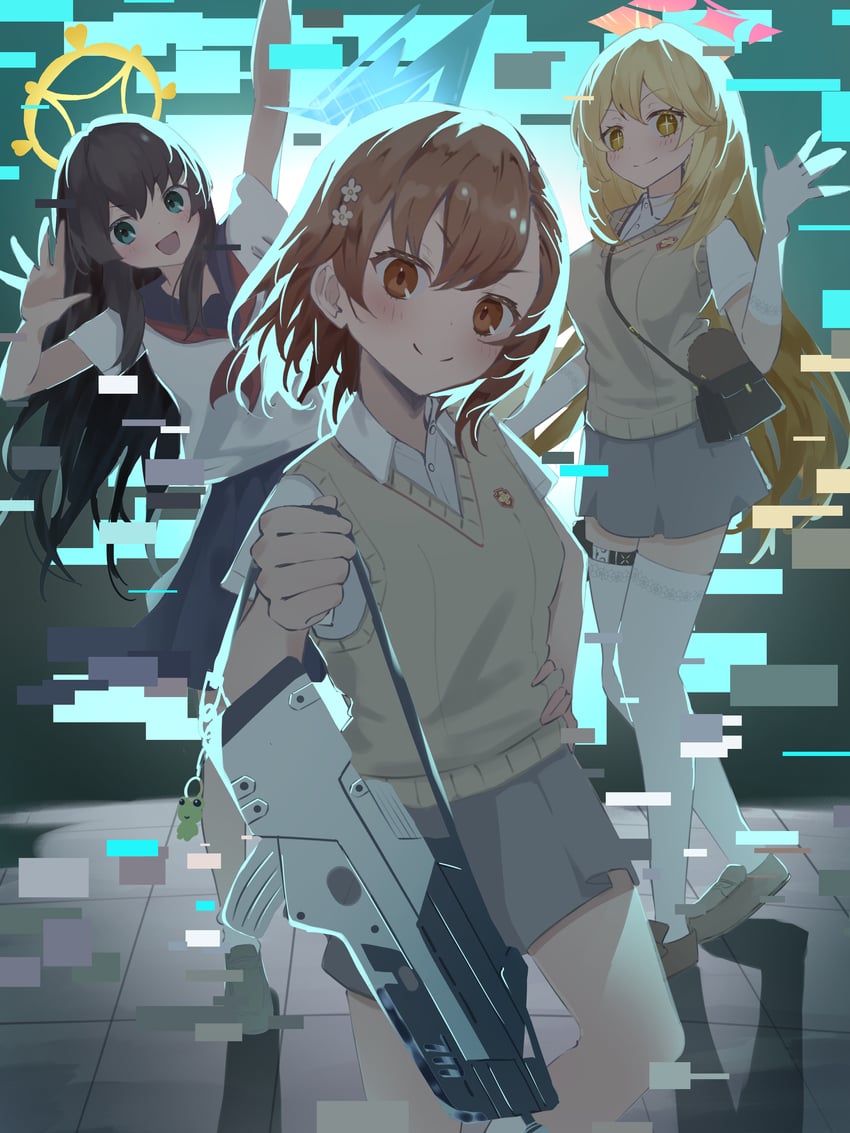 misaka mikoto, shokuhou misaki, saten ruiko, and gekota (blue archive and 2 more) drawn by hiyayakko_(jfky2528)