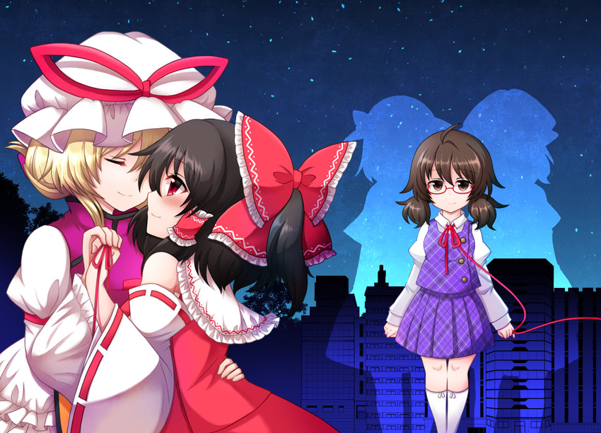 hakurei reimu, yakumo yukari, usami renko, maribel hearn, and usami sumireko (touhou) drawn by shiohachi