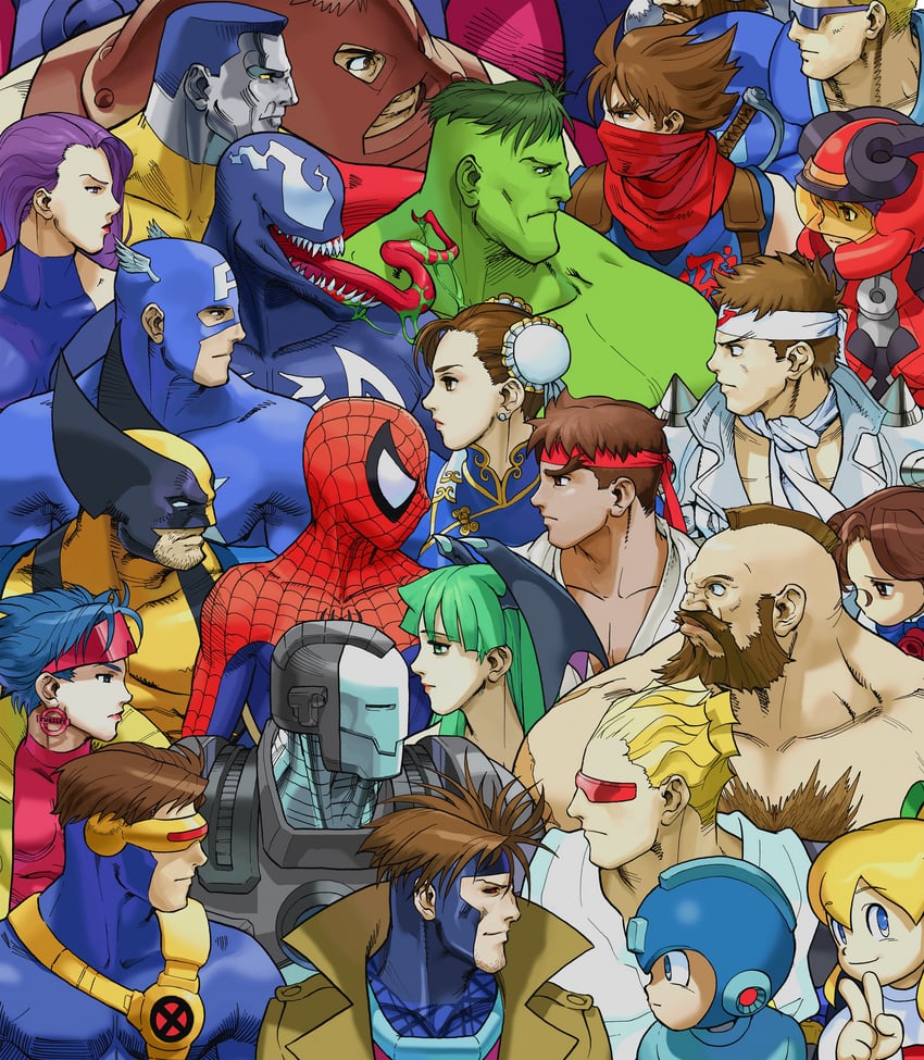 chun-li, morrigan aensland, ryu, roll, wolverine, and 19 more (street fighter and 10 more) drawn by bengus