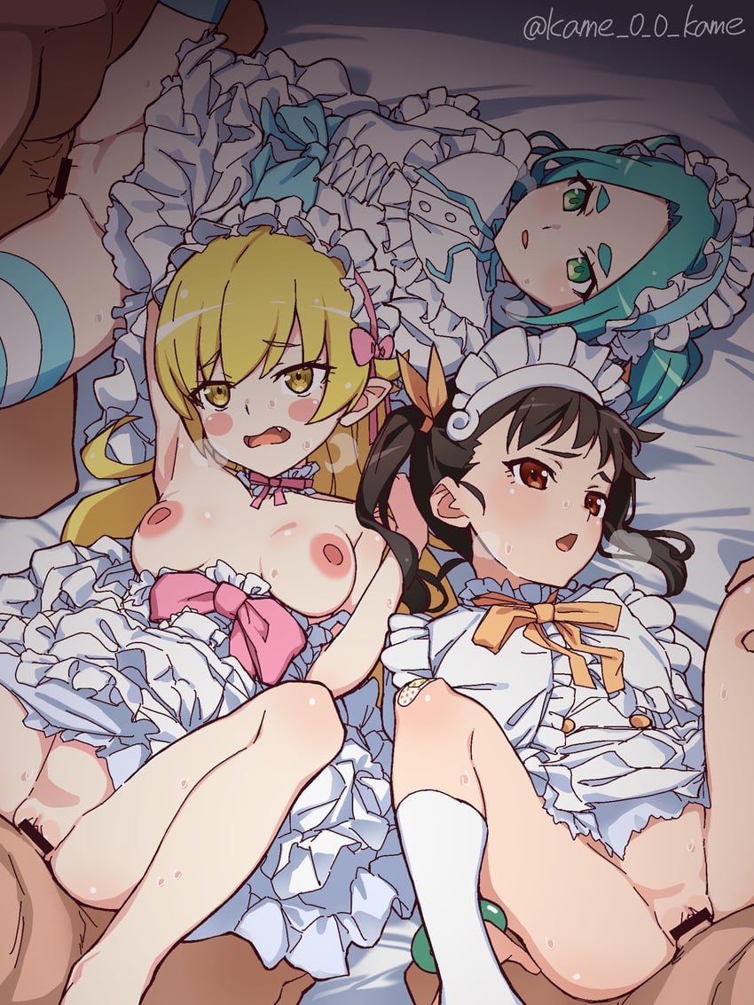 oshino shinobu, hachikuji mayoi, and ononoki yotsugi (monogatari) drawn by kame_0_0_kame