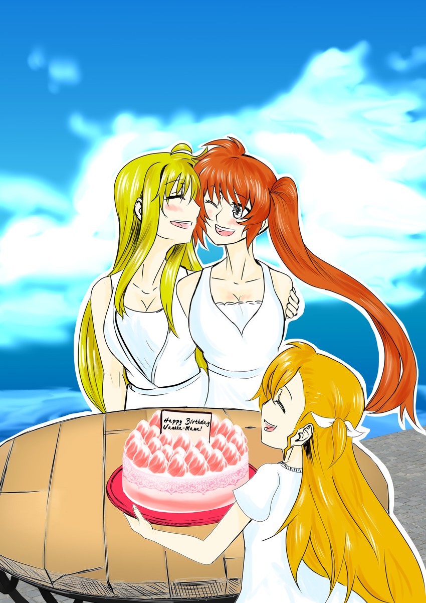 fate testarossa, takamachi nanoha, and vivio (lyrical nanoha and 1 more) drawn by sha-y