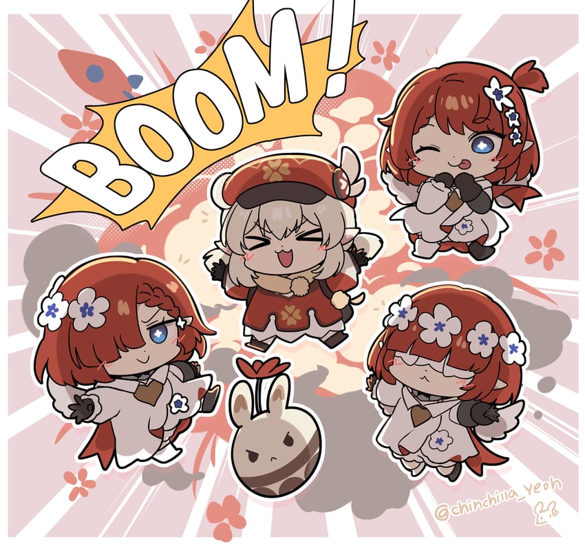 klee, tribbie, trianne, and trinnon (genshin impact and 3 more) drawn by ooyun