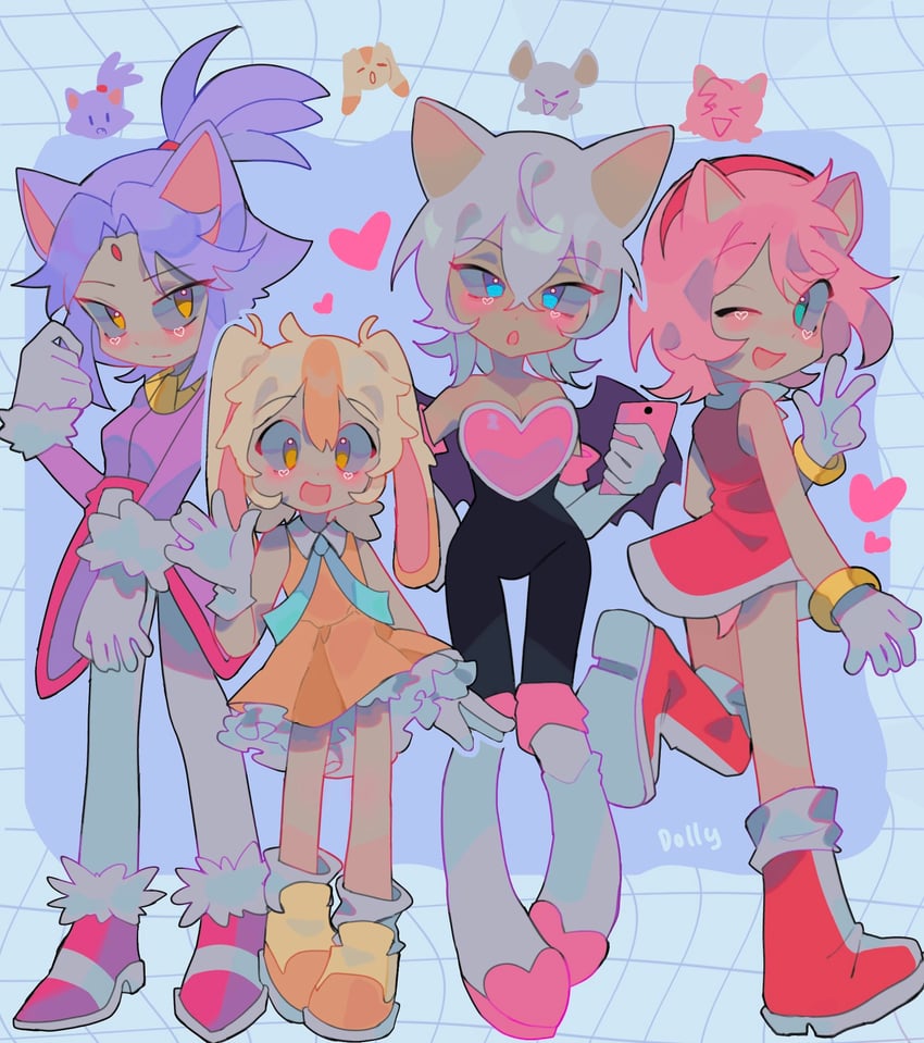 amy rose, blaze the cat, rouge the bat, and cream the rabbit (sonic) drawn by littlebunniboo