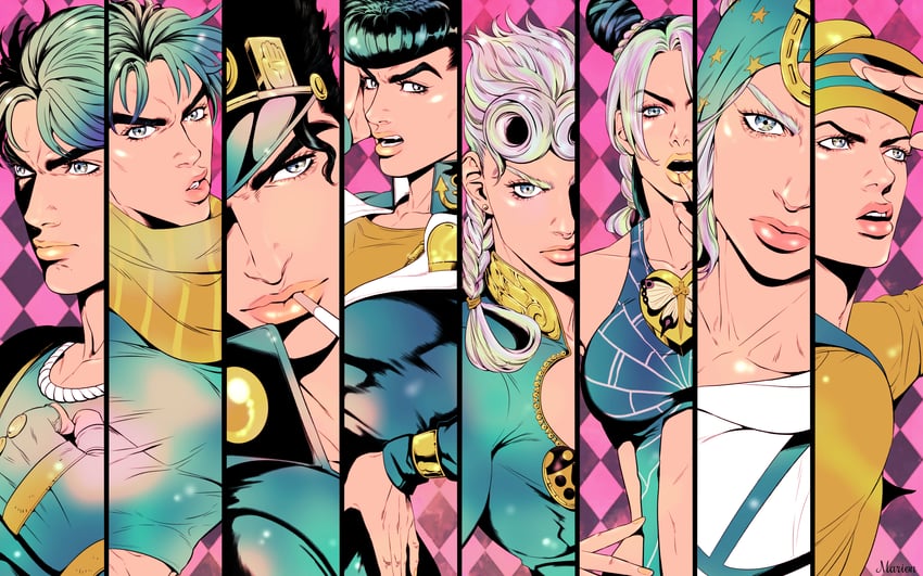 joseph joestar, kujo jotaro, kujo jolyne, giorno giovanna, jonathan joestar, and 2 more (jojo no kimyou na bouken and 8 more) drawn by marion-ville
