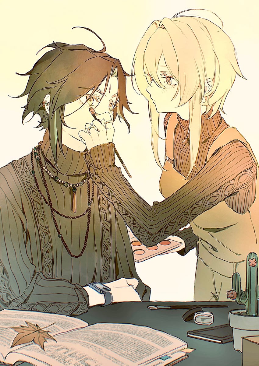 lumine and xiao (genshin impact) drawn by n.s.egg