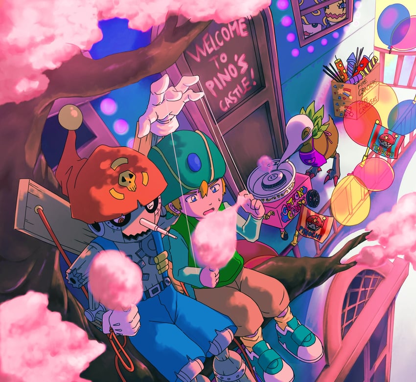 takaishi takeru, pinochimon, mushmon, blossomon, and kiwimon (digimon and 1 more) drawn by pinochi_biscuit