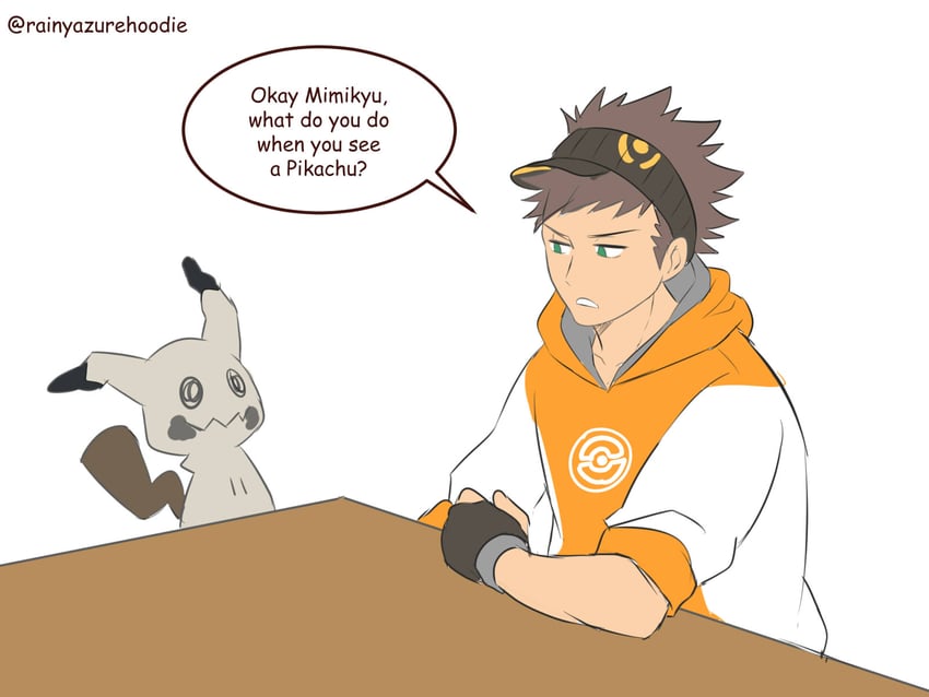 mimikyu and male protagonist (pokemon and 1 more) drawn by rainyazurehoodie