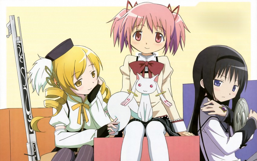 akemi homura, kaname madoka, tomoe mami, and kyubey (mahou shoujo madoka magica) drawn by takahashi_mika