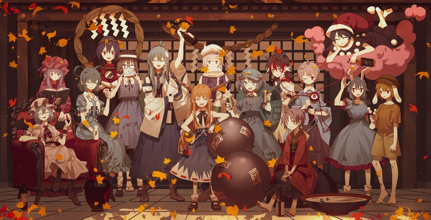 remilia scarlet, kochiya sanae, patchouli knowledge, komeiji satori, kawashiro nitori, and 11 more (touhou) drawn by huang_gua