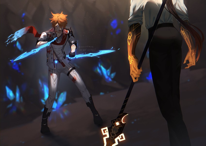 zhongli and tartaglia (genshin impact) drawn by saewokhrisz