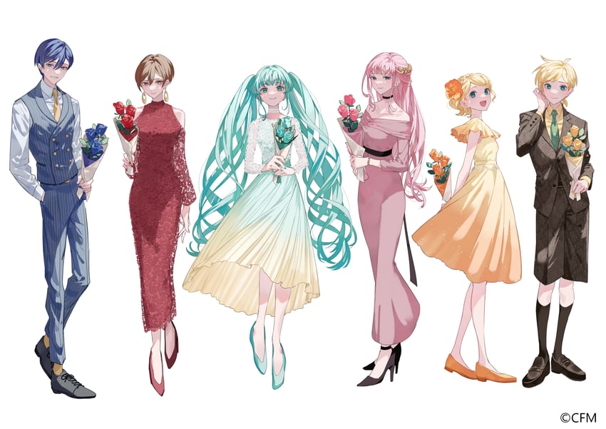 hatsune miku, kagamine rin, kagamine len, megurine luka, kaito, and 1 more (vocaloid and 1 more) drawn by ugonba_(howatoro)