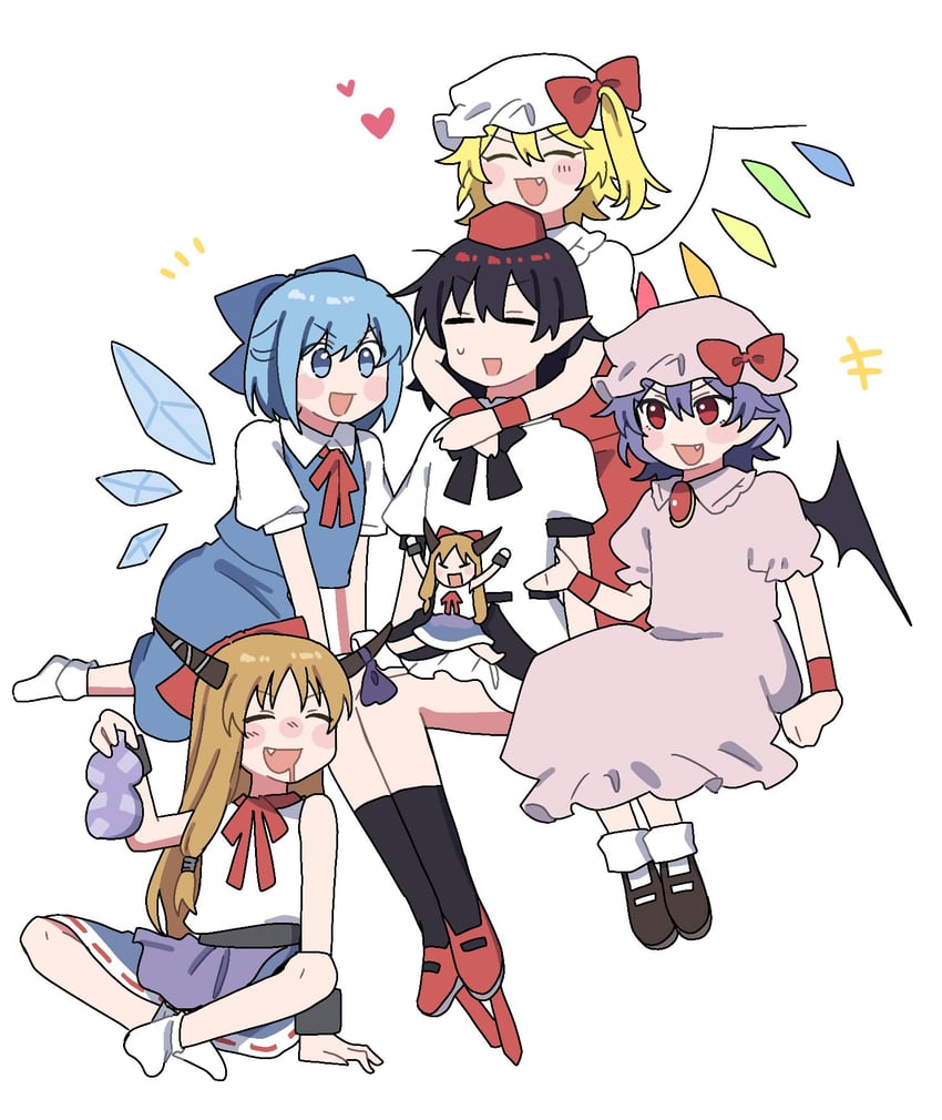 remilia scarlet, flandre scarlet, cirno, shameimaru aya, and ibuki suika (touhou) drawn by sakic43899