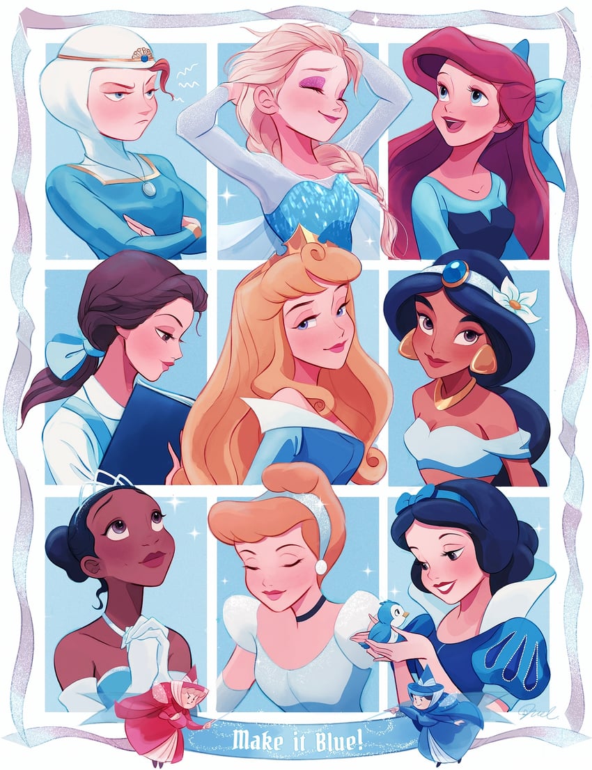elsa, ariel, snow white, jasmine, belle, and 6 more (frozen and 10 more) drawn by melchencanto