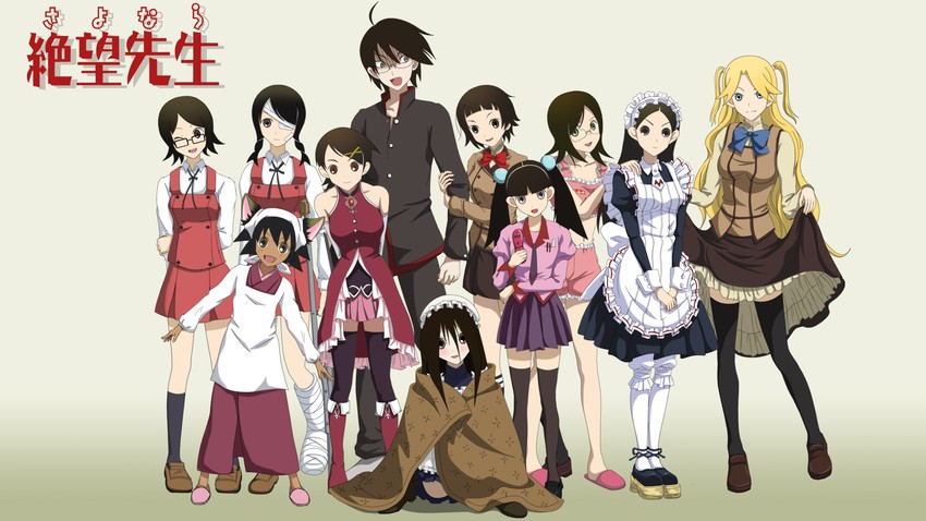 sakura kyoko, senjougahara hitagi, araragi koyomi, itoshiki nozomu, fuura kafuka, and 28 more (mahou shoujo madoka magica and 7 more) drawn by kouchou