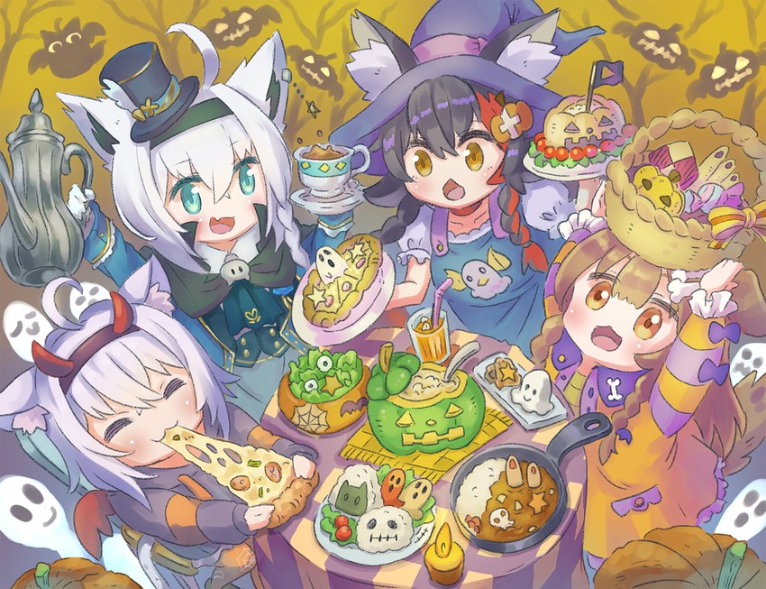 shirakami fubuki, nekomata okayu, ookami mio, and inugami korone (hololive) drawn by yunra665