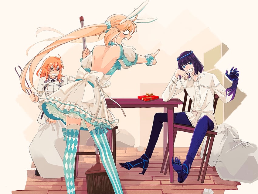 artoria pendragon, fujimaru ritsuka, artoria caster, and oberon (fate and 1 more) drawn by nagatsuki_(huwamo9_8ku)