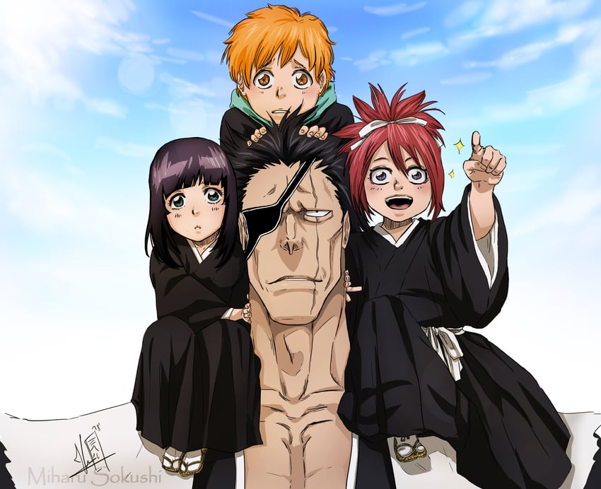 zaraki kenpachi, kurosaki kazui, abarai ichika, and nemuri hachigou (bleach and 1 more) drawn by miharu_sokushi